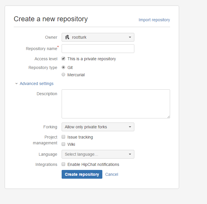 Create Repository Screen